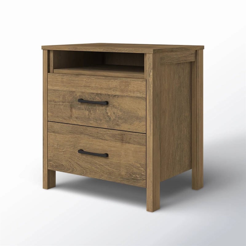 Modern 2-Drawer Bedside Table Nightstand with Shelf Wood Minimalist Bedroom Furniture - Brown Oak