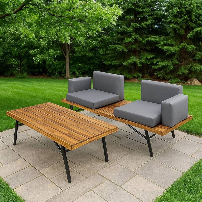 Outdoor Loveseat and Coffee Table Set, Acacia Wood, Black Iron, Gray