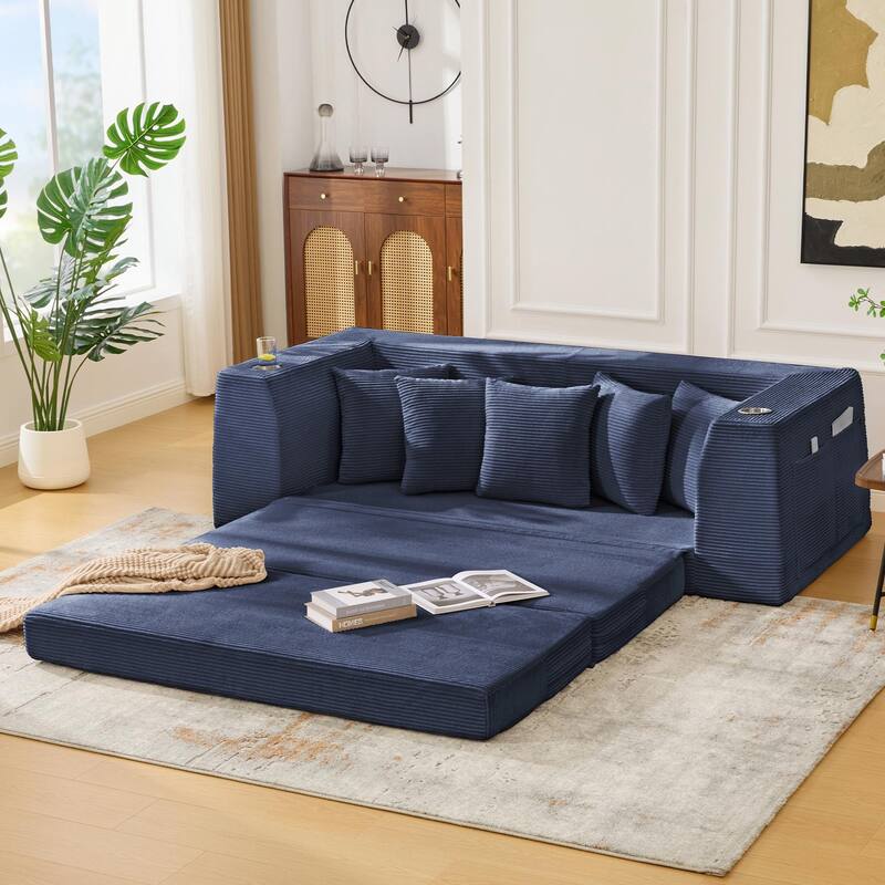 2 in 1 Convertible Sofa Bed, Sleeper Sofa with Storage Pockets, Pull Out Loveseat Couch with Two Cup Holders