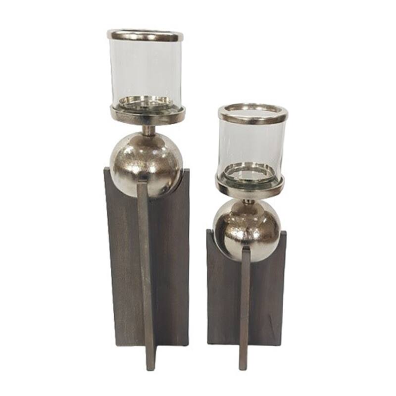 Candle Holders Set of 2 - Gray Wood Metal Sphere, 15/19" - 19.0"