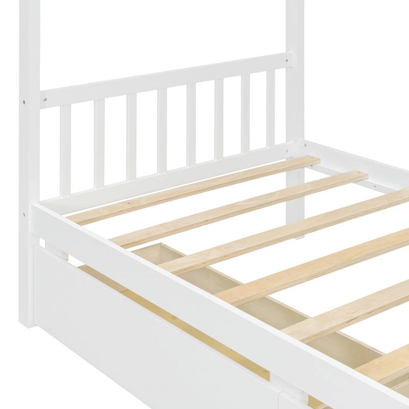 Twin Size House-Shaped Wooden Bed with Drawers, White