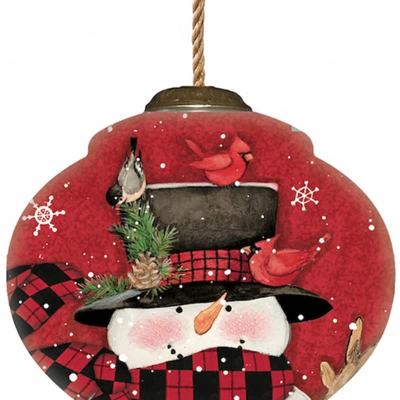 Plaid Snowman and Cardinals Hand Painted Mouth Blown Glass Ornament - 3.75" x 2.75" x 2.75"