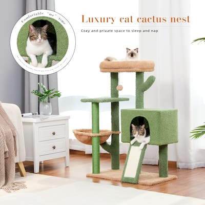Multi-Level Cactus Cat Tower with Scratching Post and Cozy Condo, Plush Perch & Soft Hammock