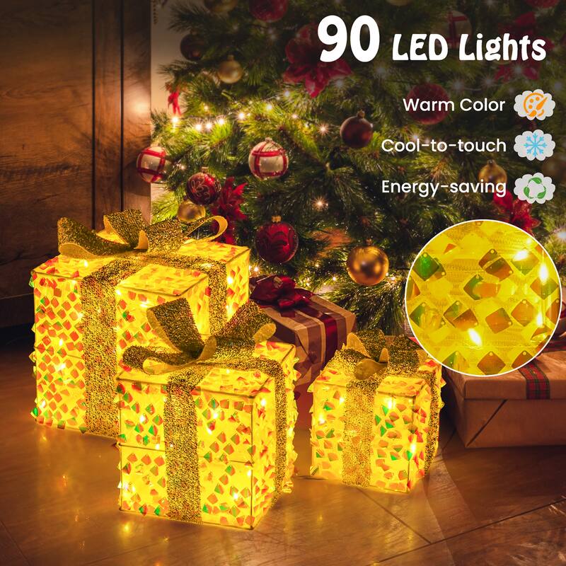 Gymax 3 PCS Christmas Lighted Gift Boxes w/ 90 LED Lights Zip Ties
