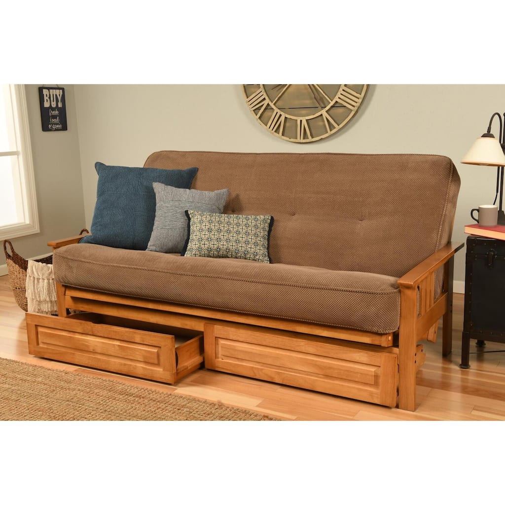 79 in. Butternut/Marmont Mocha Polyester Upholstered Full Size Futon Set with Mattress and Storage Drawers