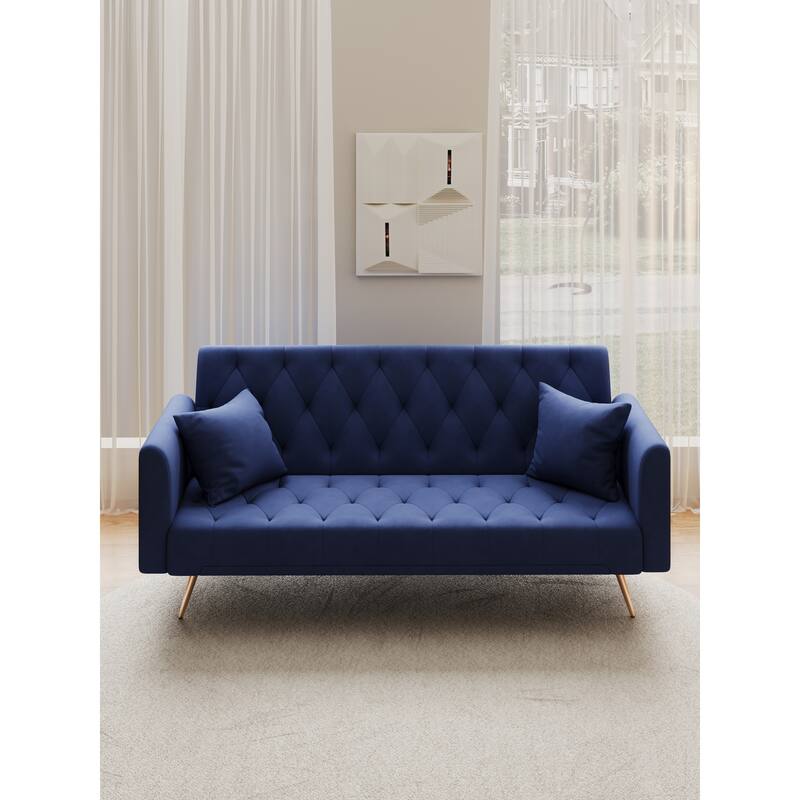 Velvet Loveseat Sofa Adjustable Backrest Sleeper Sofa Bed with 2 Pillow Upholstered Deep Seat Sofa, Tufted Couch - Blue