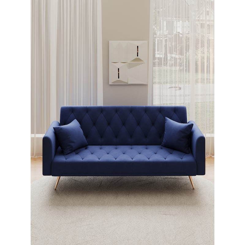 Velvet Upholstered Armsofa with Adjustable Backrest, Convertible Sleeper Sofa Bed, Stylish Loveseat with Metal Legs - Blue