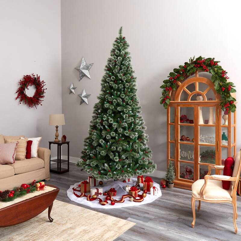 10ft Artificial Christmas Tree Prelit Swiss Pine Frosted Holiday Tree with Lights & Stand - Green - 120