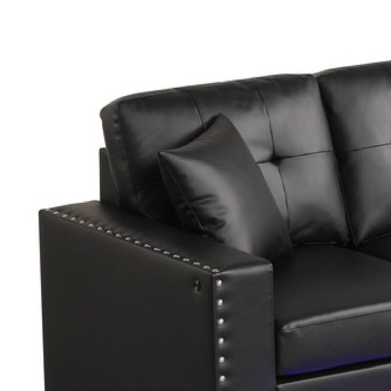 Renza Sectional Sofa Chaise with LED Lights, 2 Pillows, Black 74 Inch