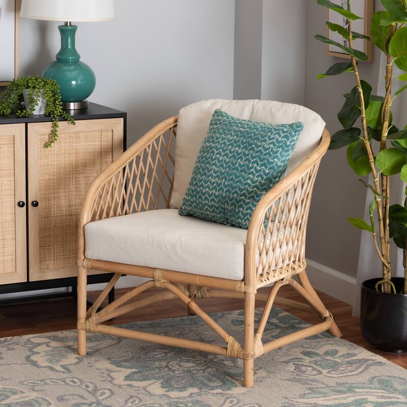 Patsy Modern Bohemian White Fabric and Natural Brown Rattan Armchair