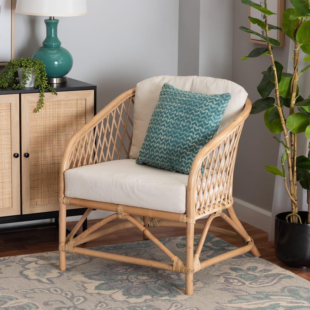 Patsy Modern Bohemian White Fabric and Natural Brown Rattan Armchair