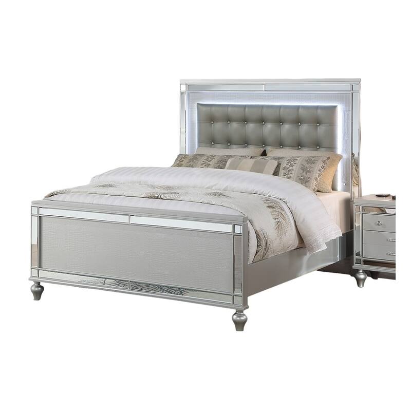 Beautiful Silver Tufted Faux Leather Queen Size Bed w LED Lights 1pc Panel Bedframe Bedroom