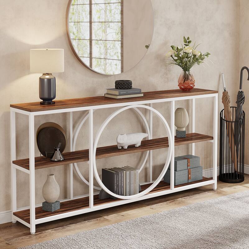 Extra Long Console Table, 70.9 inch Narrow Sofa Tables with 3 Tier Wood Storage Shelves, Rustic Brown Black - 11.75" * 70.9"