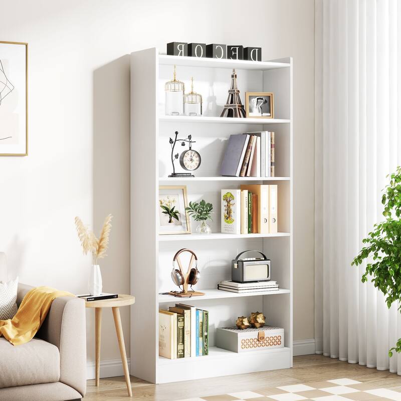 Modern 6 Tier Tall Bookcase with Storage Shelves - White