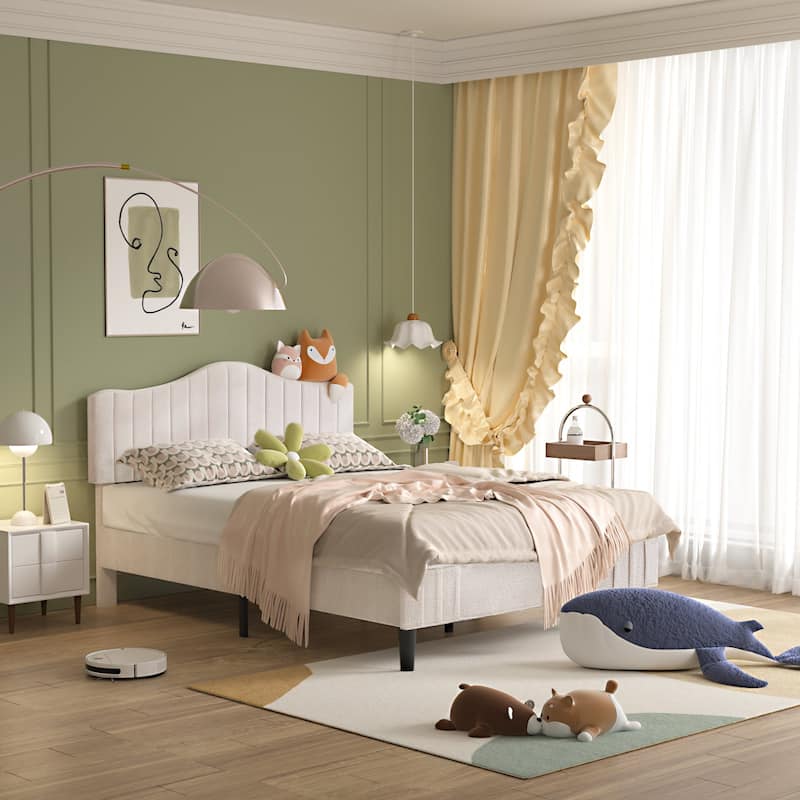 VECELO Upholstered Bed Frames, Platform Beds with Height Adjustable Teddy Fabric Headboard, 7.9'' Under Bed Space