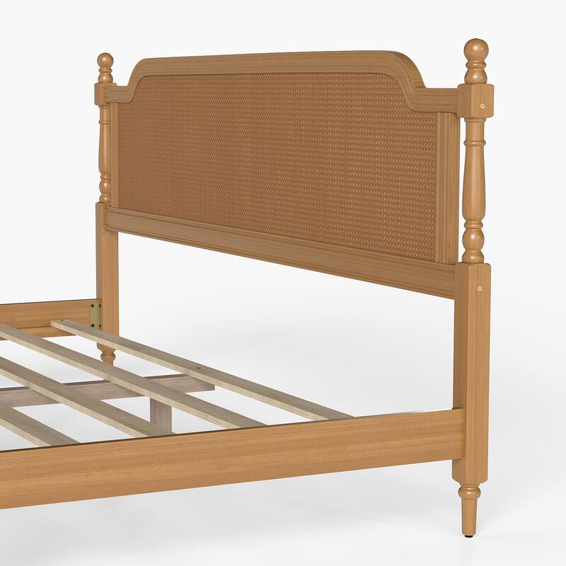Wooden Platform Bed Bed Frame w/Hand-Woven Rattan Headboard & Footboard, Boho and Mid Century Style Bed Frame, Solid Pine Wood