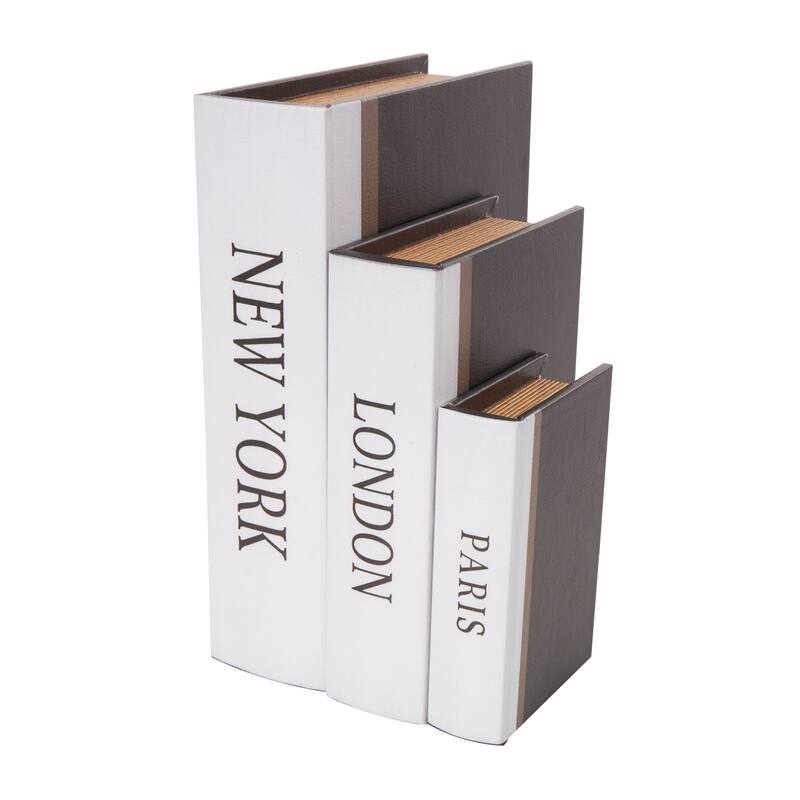 Faux Leather or Linen Fabric Book Storage Box - Set of 3 White, Beige, Black, Red or Light Gray - Roche River Decor - Black - "Paris", "London", "New York" Text Cover