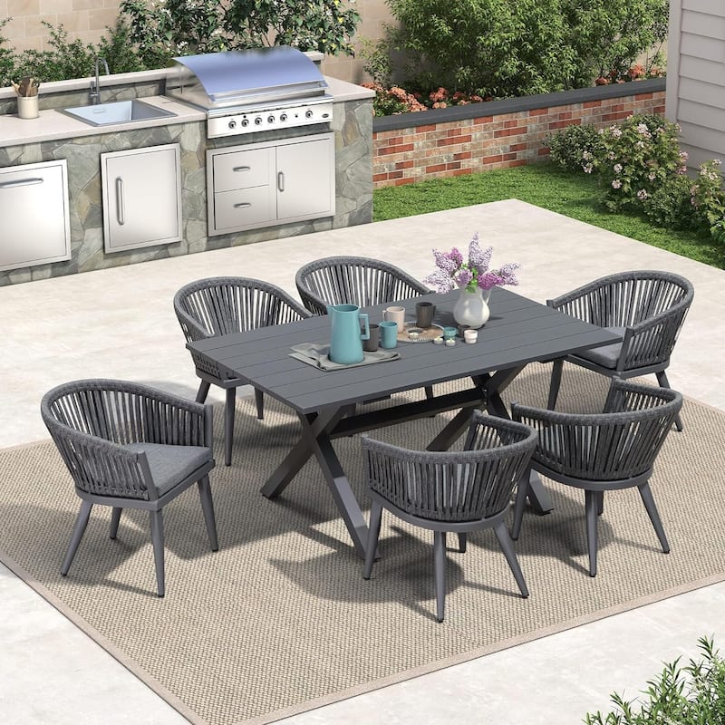 PURPLE LEAF Outdoor Dining Set with Patio Aluminium Dining Table and Wicker Rattan Chairs - 6person