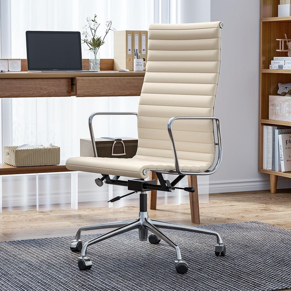 High Back Ergonomic Genuine Leather Ribbed Office Computer Chair