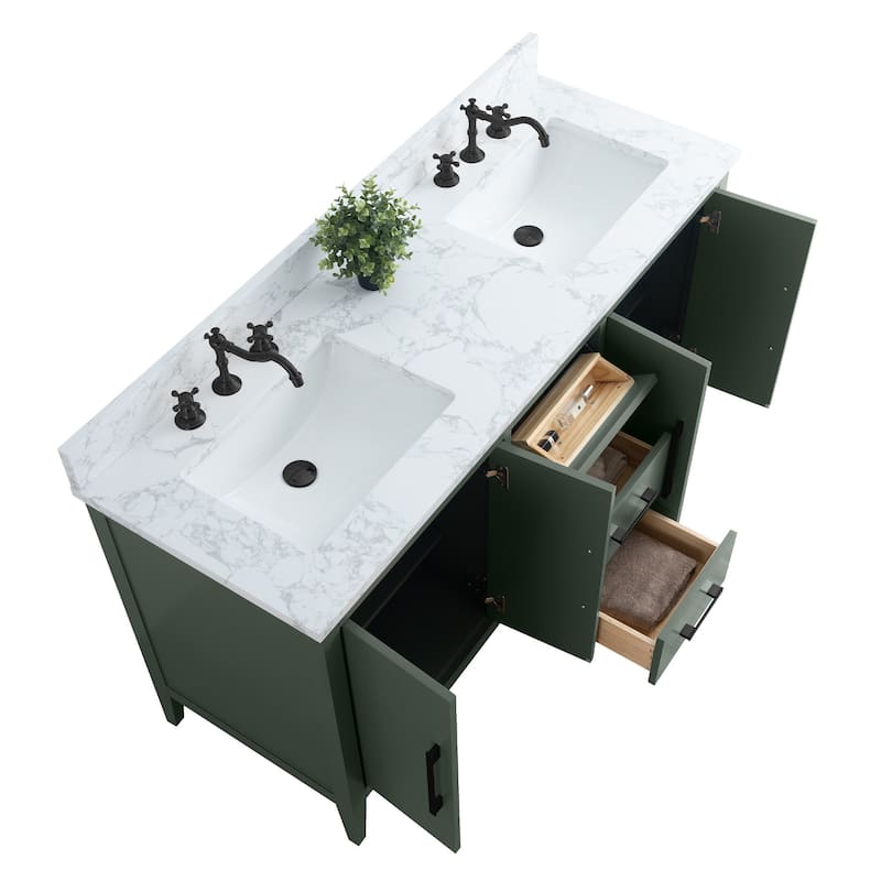 Vanity Art 60" Double Sink Bathroom Vanity Cabinet with Engineered Marble Top