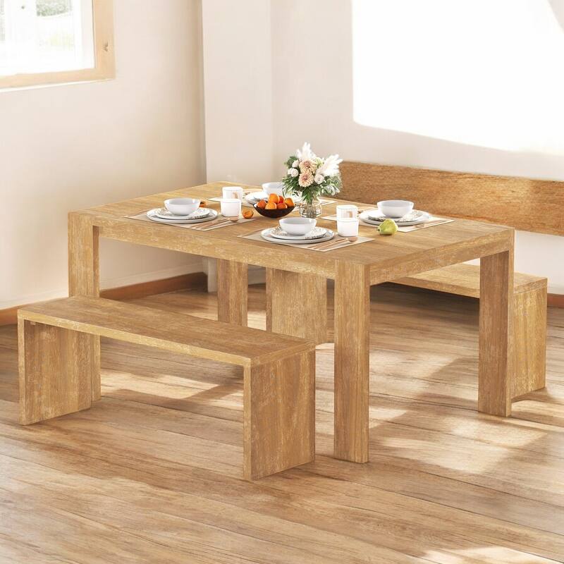 3-Piece Farmhouse Dining Table Set with 2 Benches, Space-Saving Wood Kitchen Table for Dining Room or Kitchen - Natural Wood Wash