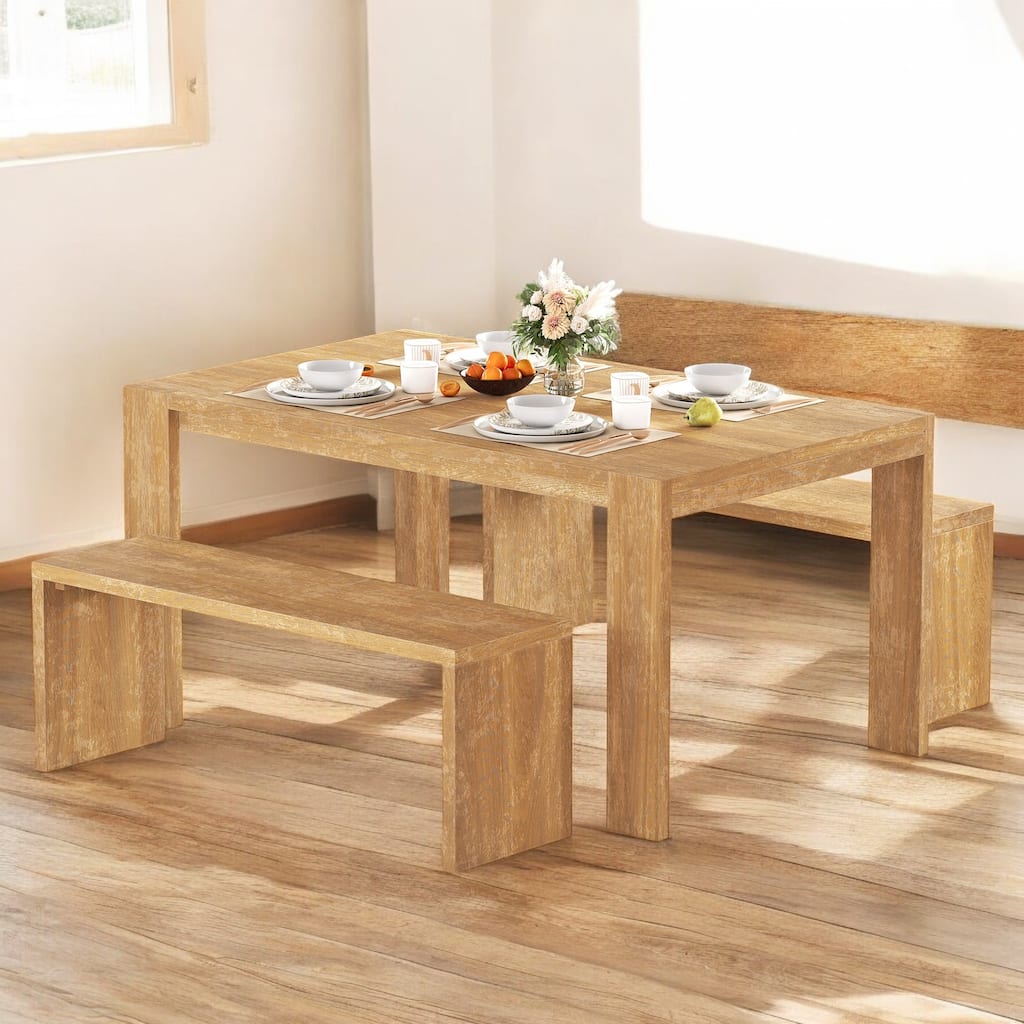 3-Piece Farmhouse Dining Table Set with 2 Benches, Space-Saving Wood Kitchen Table for Dining Room or Kitchen