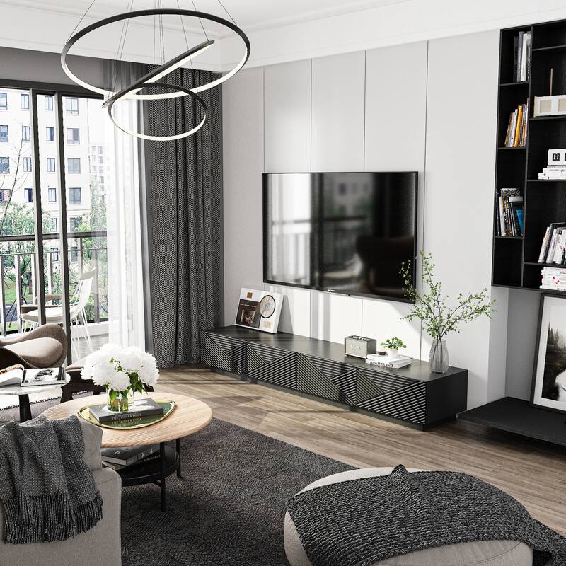 Modern Black TV Stand for 85 Inch TV, Floating Entertainment Center with Drop Down Doors Media Console