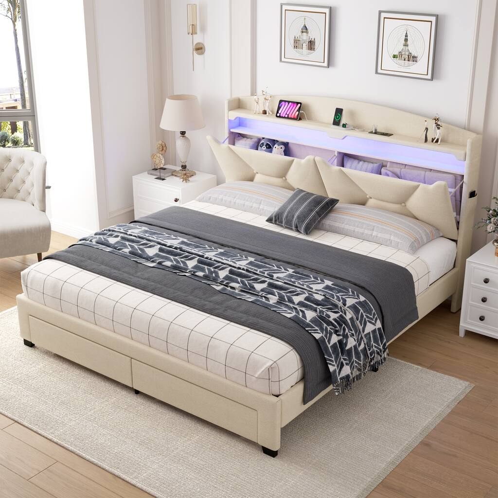 Queen Upholstered Bed Frame with LED Headboard, Storage Shelves, Footboard Drawers & Charging Ports, Linen Platform Bed