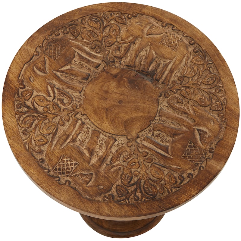 Mango Wood Elephant Handmade Intricately Carved Accent Table with Turned Base - Dark Brown - Roche River Decor