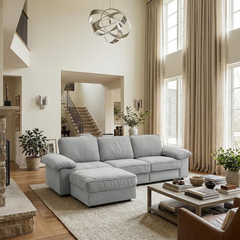 Upholstered L-Shaped Sectional Sofa Couch with Ottoman, Modern Fabric Deep Seat Sofa