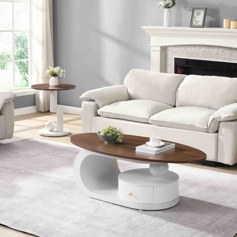 Modern MDF Oval and Round Table Set with Storage for Living Room