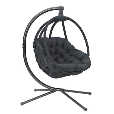 66 H x 40 W x 43 D Outdoor Black Overland Hanging Ball Chair with Cushion and C Type Bracket