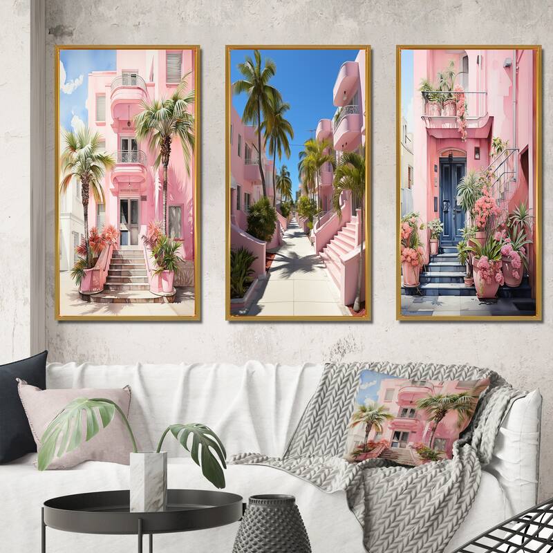 Designart "Pink Miami Artful Facades II" Floral Framed Wall Art Set Of 3 Frame Canvas Set For Living Room Decor - 38 in. wide x 20 in. high - 3 Panels - Gold