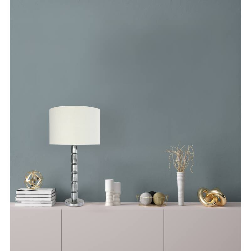 Faceted Stacked Metal Table Lamp with Linen Shade - Aged Pewter