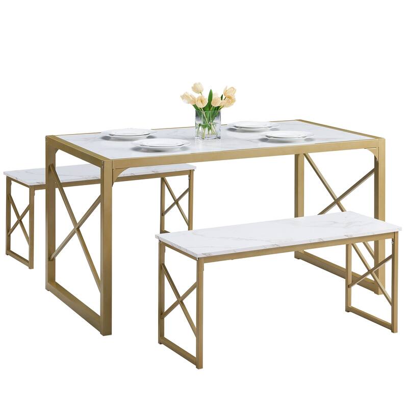 VECELO 3-pieces Dining Table with Bench, Dinning Room Table Set for 4-6, Kitchen Table with 2 Benches Dining Table Set