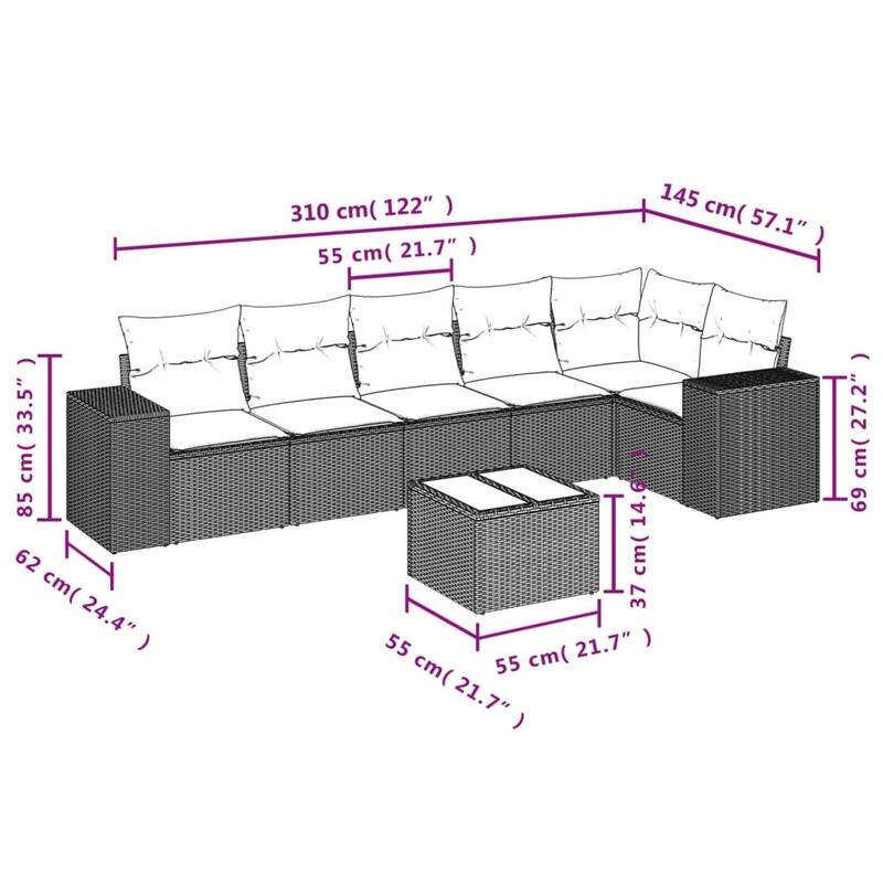 vidaXL Garden Sofa Set Black PE rattan Large Adjustable Armrests - 24.4 x 32.7 x 27.2
