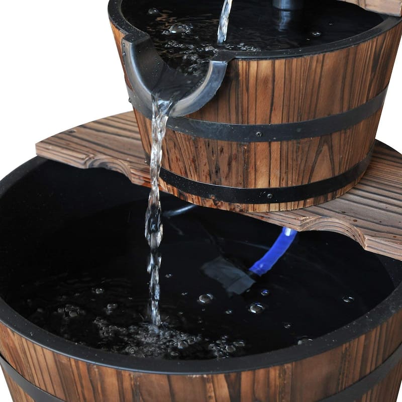 Outsunny Accent Two-Tier Rustic Wooden Barrel Fountain