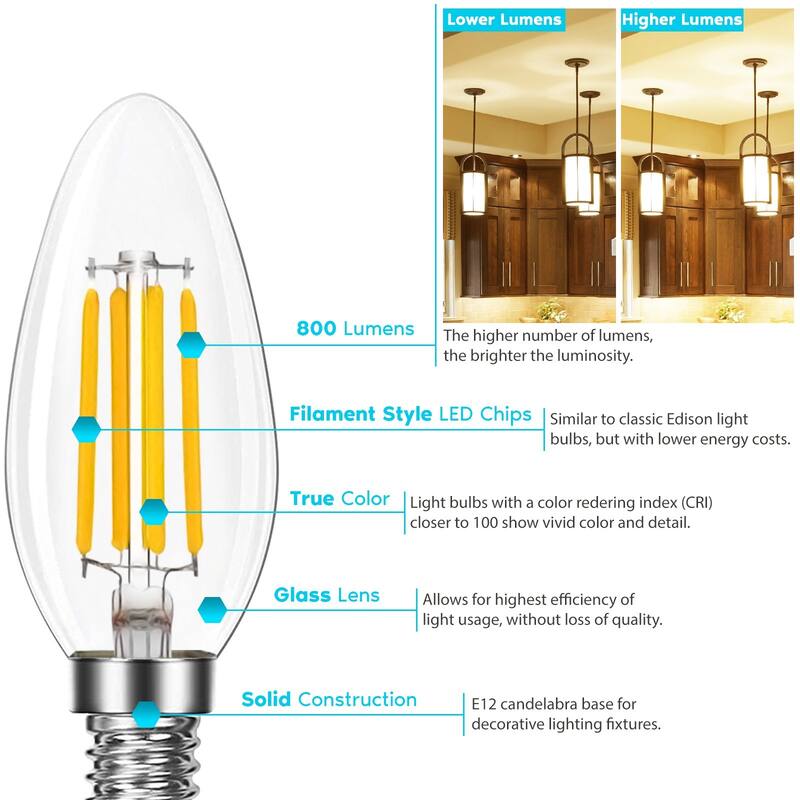 Luxrite Candelabra LED Light Bulbs 100W Equivalent 800 Lumens 7W B11 Dimmable Damp Rated UL Listed E12 6 Pack