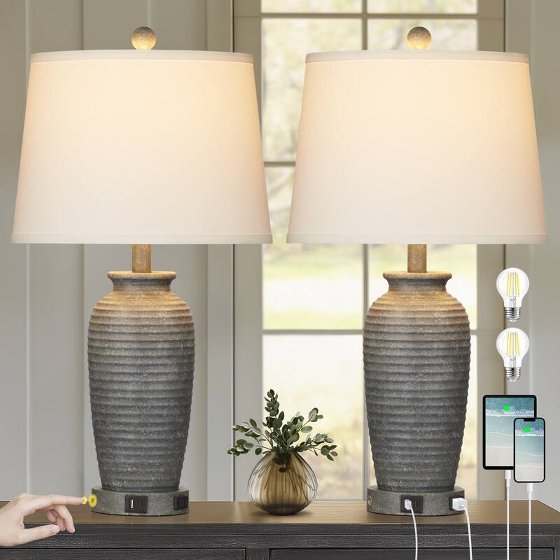 Grey Resin Pot-Vase Style Table Lamps (Set of 2) - 13'' x 13'' x 24.3'' (L x W x H)