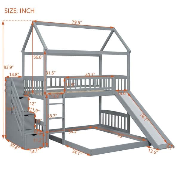 Playhouse Design Twin over Twin Bunk House Bed with 2 Drawers and Slide