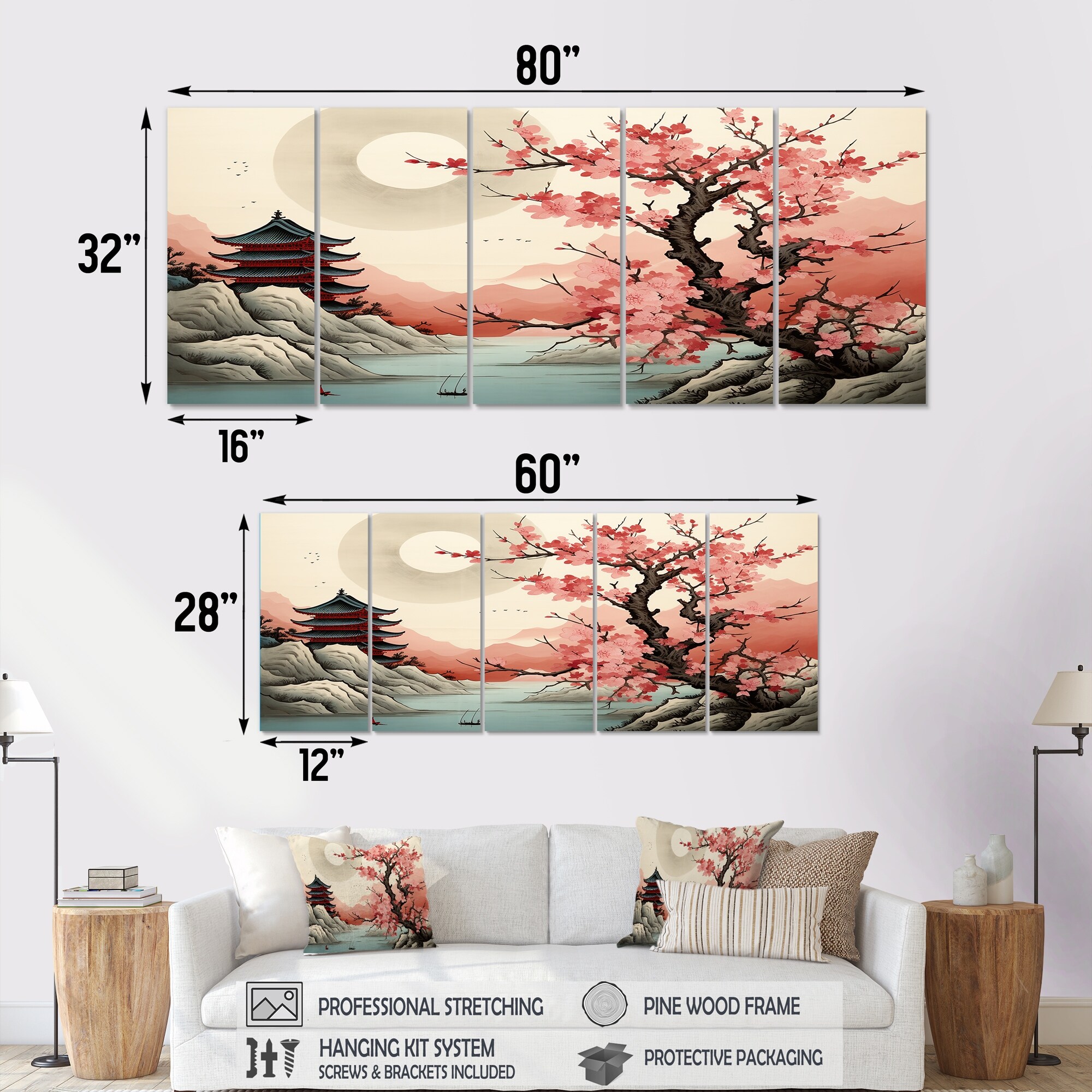 風景画 Japanese Pagoda Cherry Blossom Vintage River - Japon