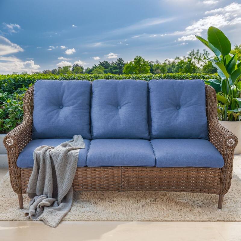 Pocassy Wicker Patio Conversation Set for Backyard - Blue Cushion - 1PC 3-Seat Sofa with Cushion