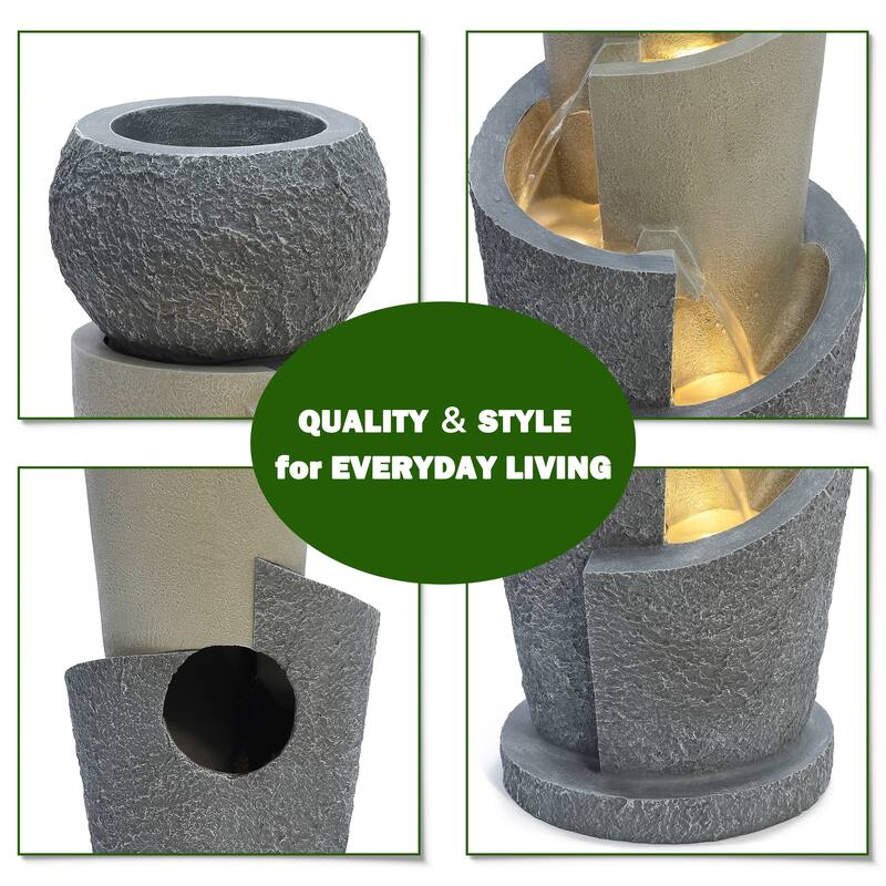 Gray Resin Cascading Spiral Outdoor Fountain with LED Lights