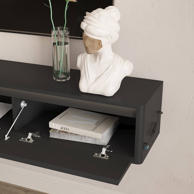 Wall Mounted TV Shelf with LED Lights & Power Outlet, High Gloss TV Cabinet for Wood TV Stands for Living Room