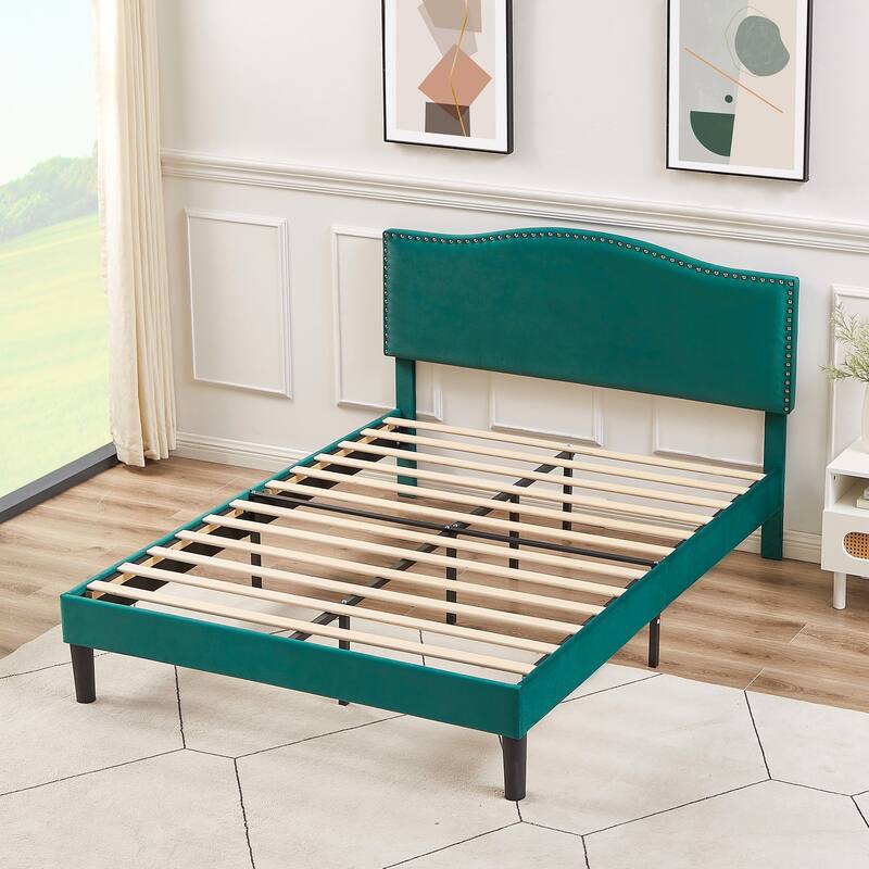 Javlergo Upholstered Platform Bed Frame with Adjustable Headboard, Strong Frame and Wooden Slats Support, Easy Assembly