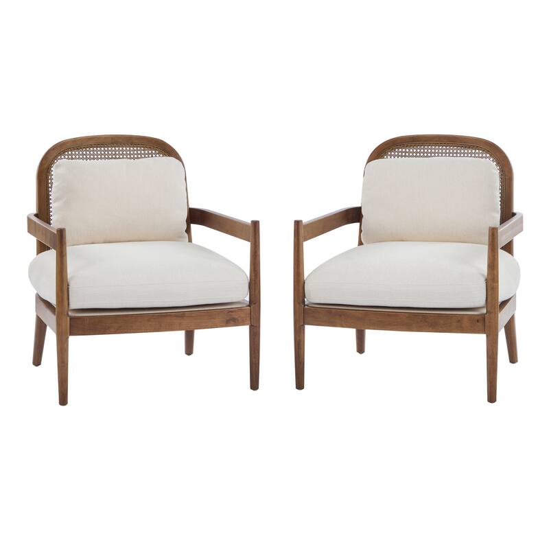 [Set of 2] 26.6" Mid-Century Modern Accent Chair with Light Brown Finish Solid Wood Frame and Rattan Backrest