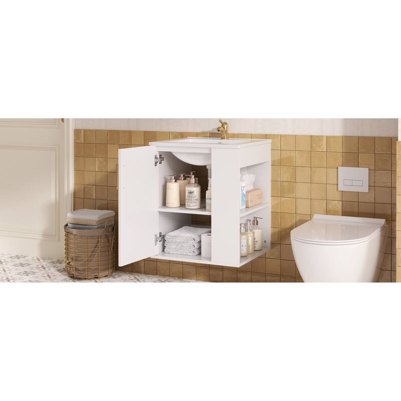 Roomfitters 20 Inch Wall Mounted Bathroom Vanity & Side Cabinet Combo, Floating Storage Station with Sink, White