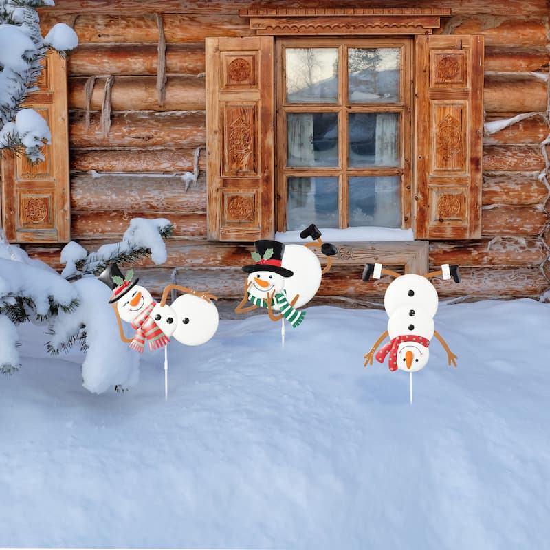 Glitzhome Christmas Snowman Gauge Yard Stake Wall Decor - Set of 3 Snowman