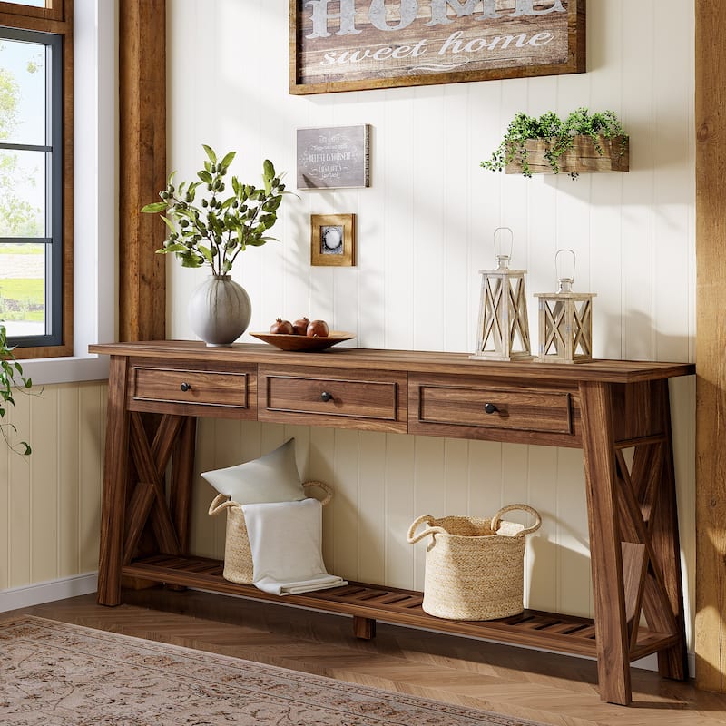 Long Sofa Table with 3 Storage Drawers - Dark Walnut