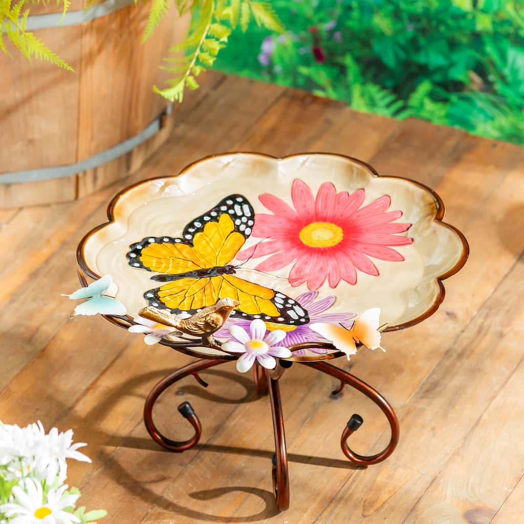 17" Metal Sculpted Edge Bird Bath, Bright Butterfly & Flowers